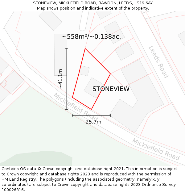 STONEVIEW, MICKLEFIELD ROAD, RAWDON, LEEDS, LS19 6AY: Plot and title map