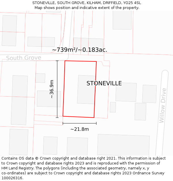 STONEVILLE, SOUTH GROVE, KILHAM, DRIFFIELD, YO25 4SL: Plot and title map