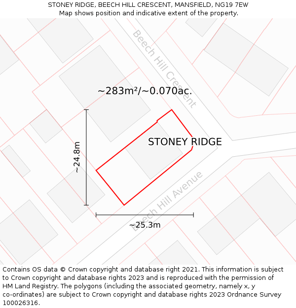 STONEY RIDGE, BEECH HILL CRESCENT, MANSFIELD, NG19 7EW: Plot and title map