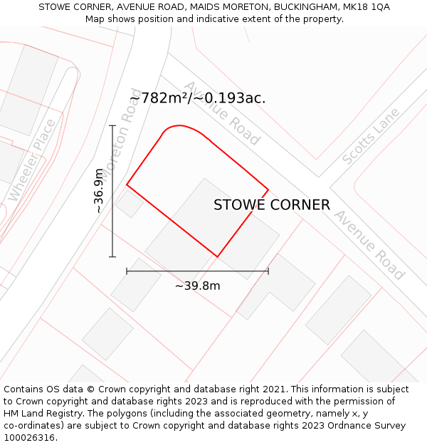 STOWE CORNER, AVENUE ROAD, MAIDS MORETON, BUCKINGHAM, MK18 1QA: Plot and title map
