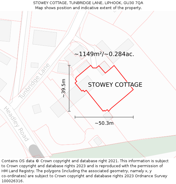STOWEY COTTAGE, TUNBRIDGE LANE, LIPHOOK, GU30 7QA: Plot and title map