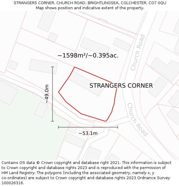 STRANGERS CORNER, CHURCH ROAD, BRIGHTLINGSEA, COLCHESTER, CO7 0QU: Plot and title map