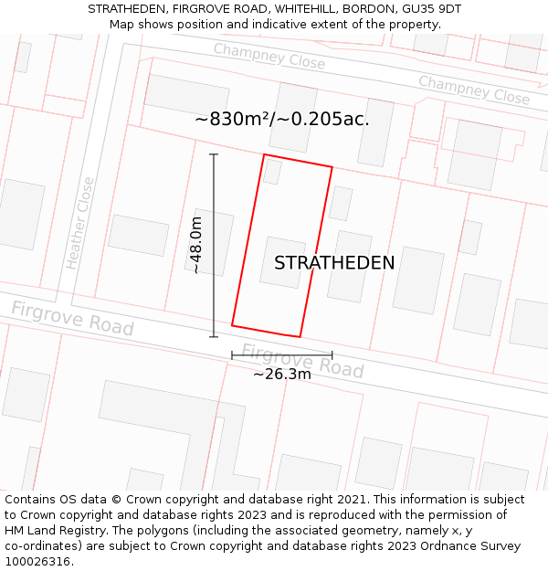STRATHEDEN, FIRGROVE ROAD, WHITEHILL, BORDON, GU35 9DT: Plot and title map