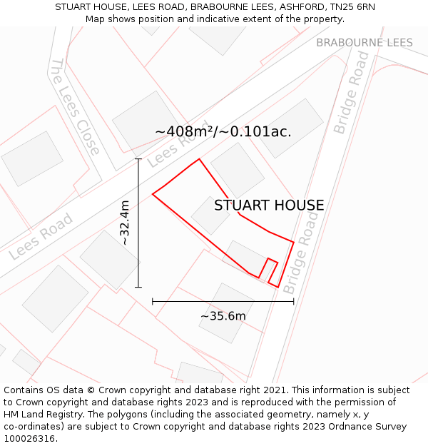 STUART HOUSE, LEES ROAD, BRABOURNE LEES, ASHFORD, TN25 6RN: Plot and title map