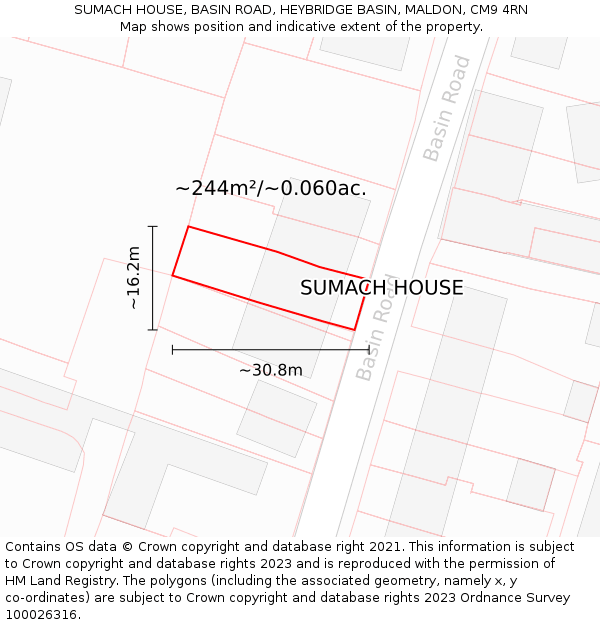 SUMACH HOUSE, BASIN ROAD, HEYBRIDGE BASIN, MALDON, CM9 4RN: Plot and title map