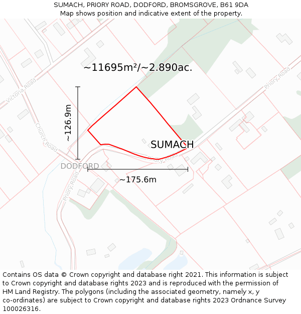 SUMACH, PRIORY ROAD, DODFORD, BROMSGROVE, B61 9DA: Plot and title map