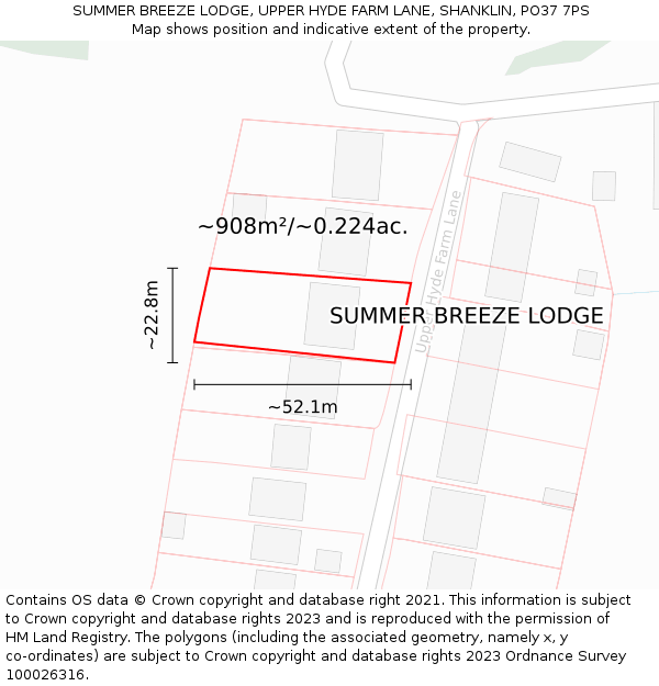 SUMMER BREEZE LODGE, UPPER HYDE FARM LANE, SHANKLIN, PO37 7PS: Plot and title map