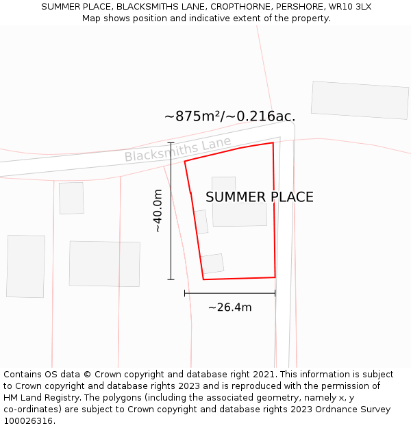 SUMMER PLACE, BLACKSMITHS LANE, CROPTHORNE, PERSHORE, WR10 3LX: Plot and title map