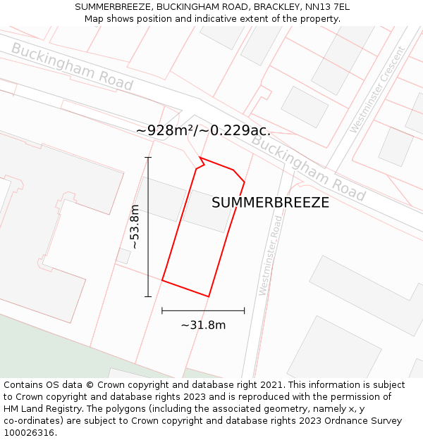 SUMMERBREEZE, BUCKINGHAM ROAD, BRACKLEY, NN13 7EL: Plot and title map