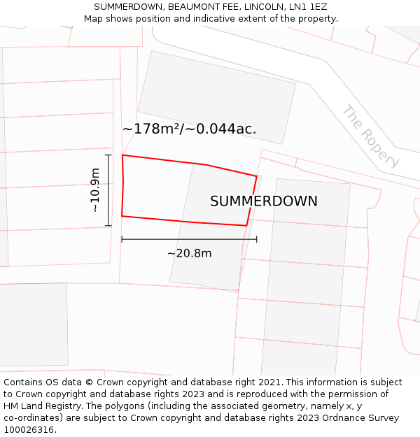 SUMMERDOWN, BEAUMONT FEE, LINCOLN, LN1 1EZ: Plot and title map