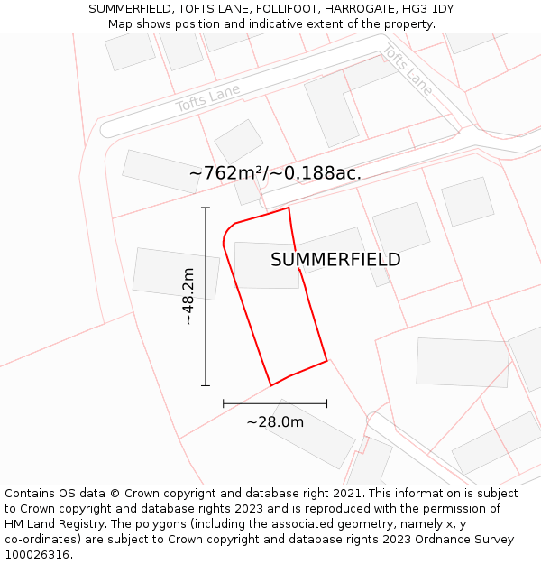 SUMMERFIELD, TOFTS LANE, FOLLIFOOT, HARROGATE, HG3 1DY: Plot and title map