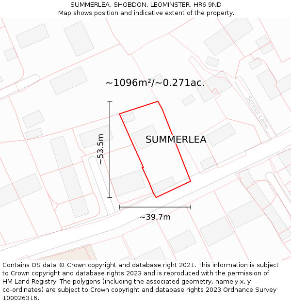 SUMMERLEA, SHOBDON, LEOMINSTER, HR6 9ND: Plot and title map
