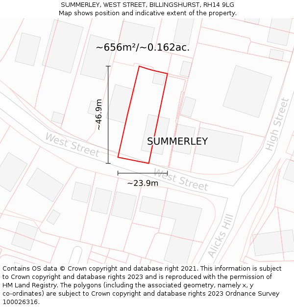 SUMMERLEY, WEST STREET, BILLINGSHURST, RH14 9LG: Plot and title map