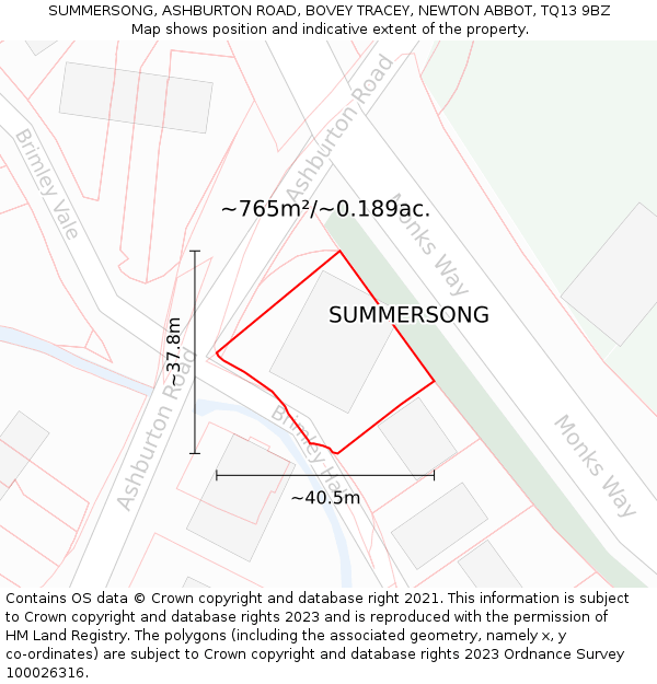 SUMMERSONG, ASHBURTON ROAD, BOVEY TRACEY, NEWTON ABBOT, TQ13 9BZ: Plot and title map