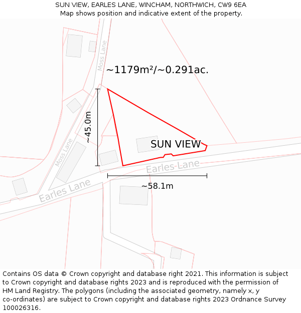 SUN VIEW, EARLES LANE, WINCHAM, NORTHWICH, CW9 6EA: Plot and title map