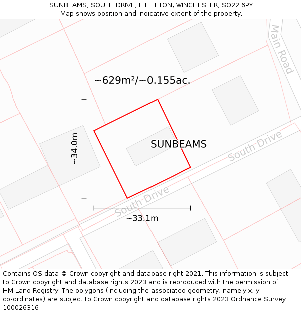 SUNBEAMS, SOUTH DRIVE, LITTLETON, WINCHESTER, SO22 6PY: Plot and title map