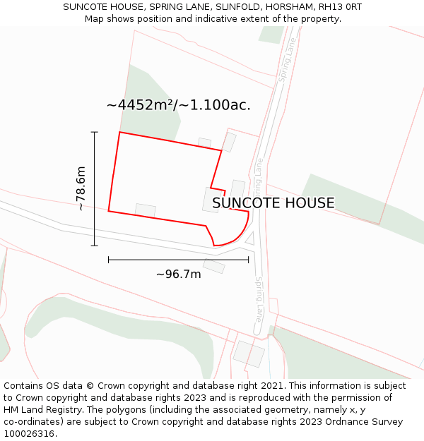 SUNCOTE HOUSE, SPRING LANE, SLINFOLD, HORSHAM, RH13 0RT: Plot and title map