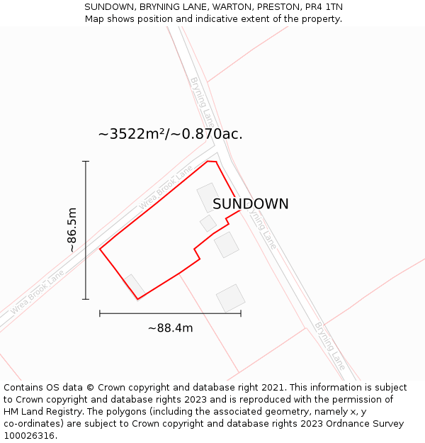 SUNDOWN, BRYNING LANE, WARTON, PRESTON, PR4 1TN: Plot and title map