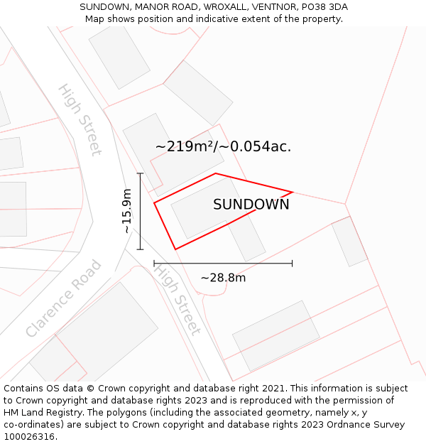 SUNDOWN, MANOR ROAD, WROXALL, VENTNOR, PO38 3DA: Plot and title map