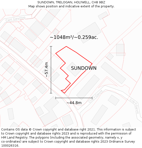 SUNDOWN, TRELOGAN, HOLYWELL, CH8 9BZ: Plot and title map