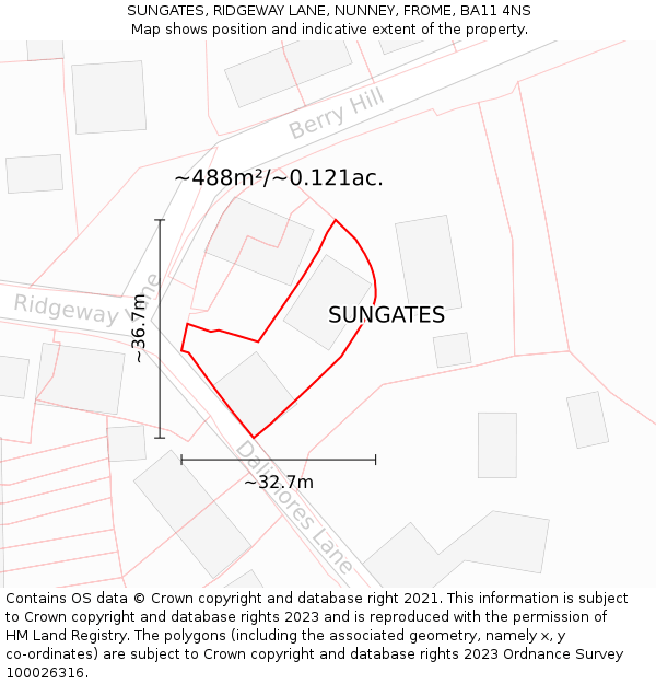 SUNGATES, RIDGEWAY LANE, NUNNEY, FROME, BA11 4NS: Plot and title map