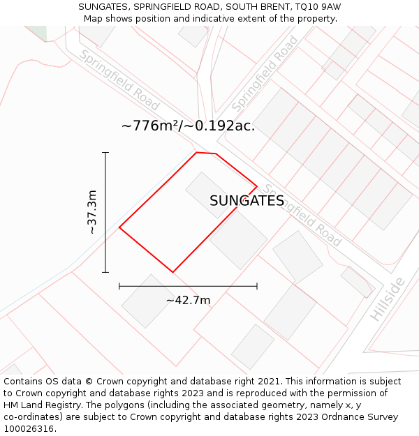 SUNGATES, SPRINGFIELD ROAD, SOUTH BRENT, TQ10 9AW: Plot and title map