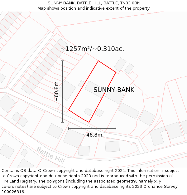 SUNNY BANK, BATTLE HILL, BATTLE, TN33 0BN: Plot and title map