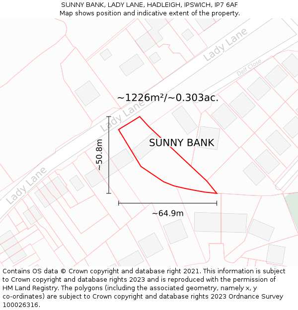 SUNNY BANK, LADY LANE, HADLEIGH, IPSWICH, IP7 6AF: Plot and title map