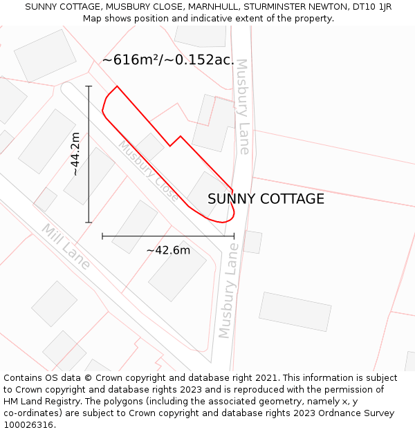 SUNNY COTTAGE, MUSBURY CLOSE, MARNHULL, STURMINSTER NEWTON, DT10 1JR: Plot and title map