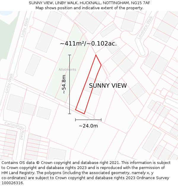 SUNNY VIEW, LINBY WALK, HUCKNALL, NOTTINGHAM, NG15 7AF: Plot and title map