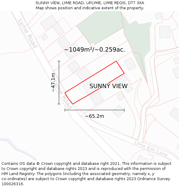 SUNNY VIEW, LYME ROAD, UPLYME, LYME REGIS, DT7 3XA: Plot and title map
