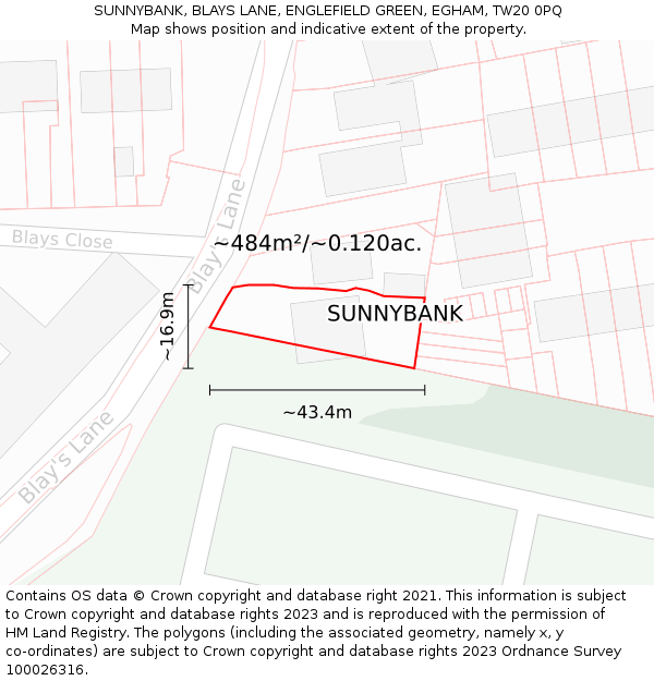 SUNNYBANK, BLAYS LANE, ENGLEFIELD GREEN, EGHAM, TW20 0PQ: Plot and title map
