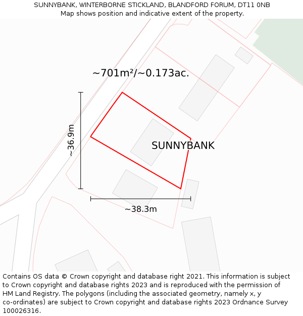 SUNNYBANK, WINTERBORNE STICKLAND, BLANDFORD FORUM, DT11 0NB: Plot and title map