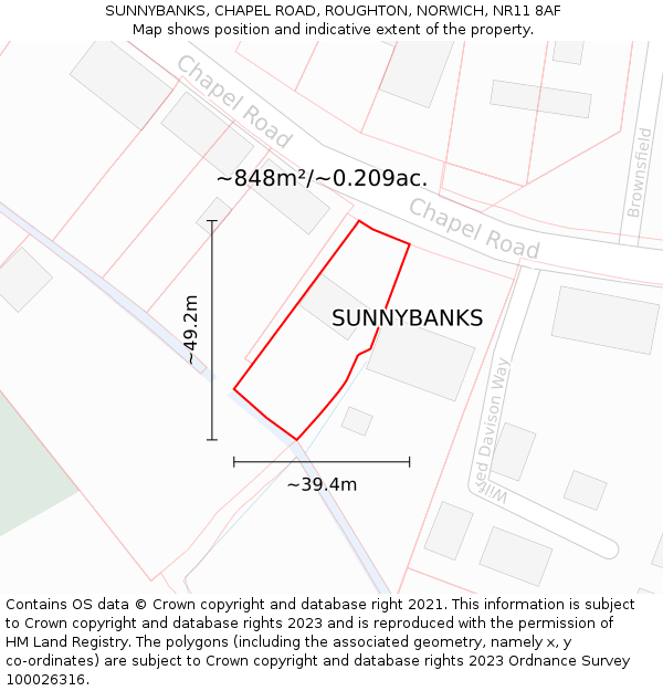 SUNNYBANKS, CHAPEL ROAD, ROUGHTON, NORWICH, NR11 8AF: Plot and title map