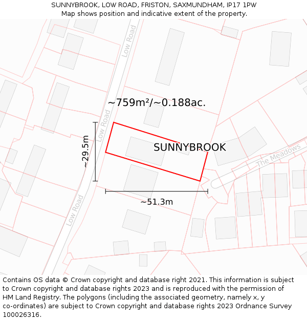 SUNNYBROOK, LOW ROAD, FRISTON, SAXMUNDHAM, IP17 1PW: Plot and title map