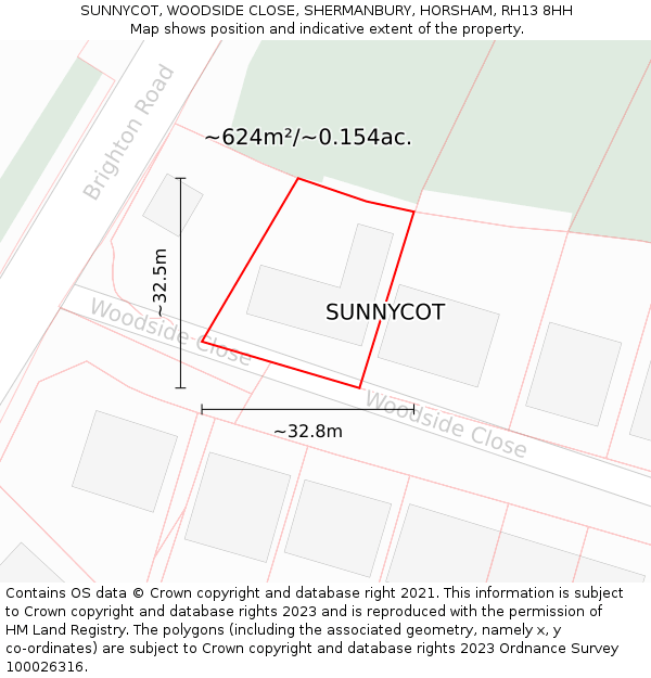 SUNNYCOT, WOODSIDE CLOSE, SHERMANBURY, HORSHAM, RH13 8HH: Plot and title map