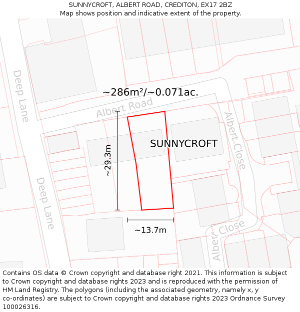 SUNNYCROFT, ALBERT ROAD, CREDITON, EX17 2BZ: Plot and title map