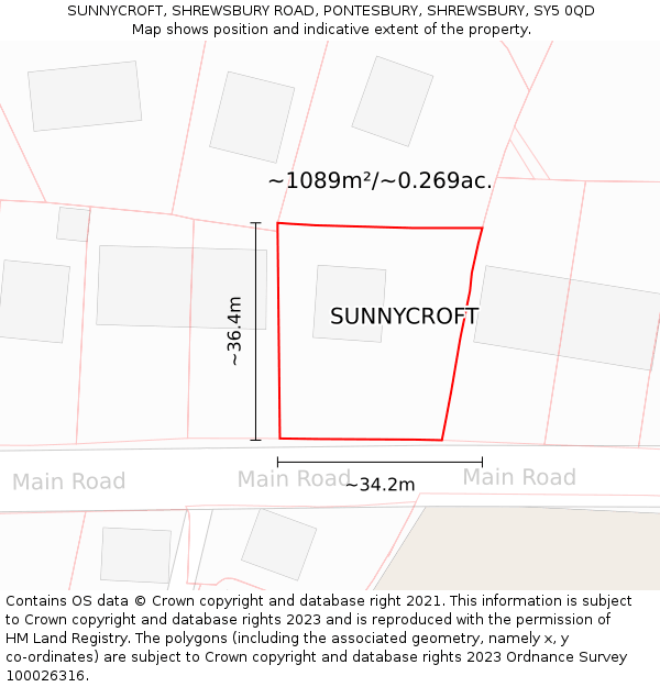 SUNNYCROFT, SHREWSBURY ROAD, PONTESBURY, SHREWSBURY, SY5 0QD: Plot and title map