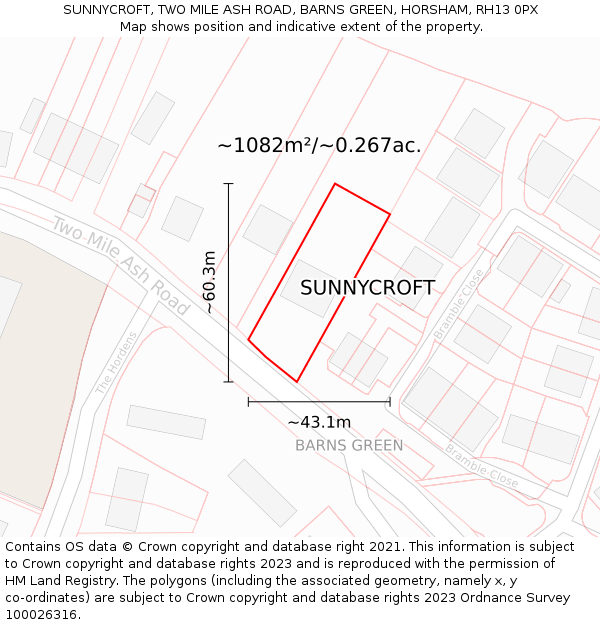 SUNNYCROFT, TWO MILE ASH ROAD, BARNS GREEN, HORSHAM, RH13 0PX: Plot and title map