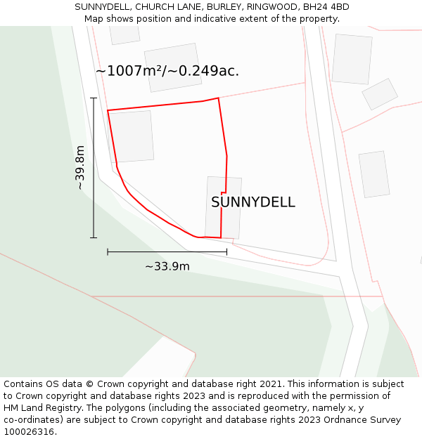 SUNNYDELL, CHURCH LANE, BURLEY, RINGWOOD, BH24 4BD: Plot and title map