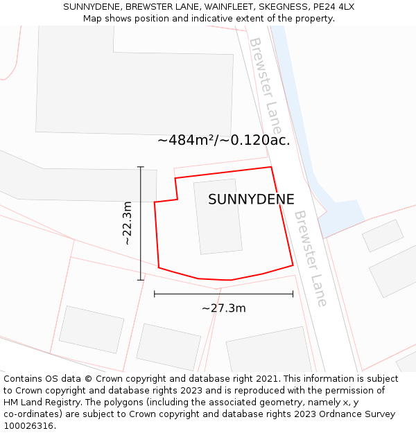 SUNNYDENE, BREWSTER LANE, WAINFLEET, SKEGNESS, PE24 4LX: Plot and title map