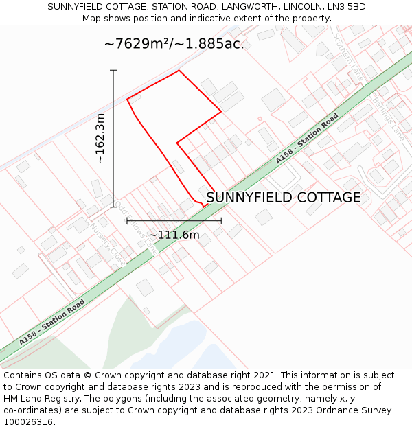 SUNNYFIELD COTTAGE, STATION ROAD, LANGWORTH, LINCOLN, LN3 5BD: Plot and title map