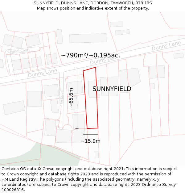 SUNNYFIELD, DUNNS LANE, DORDON, TAMWORTH, B78 1RS: Plot and title map