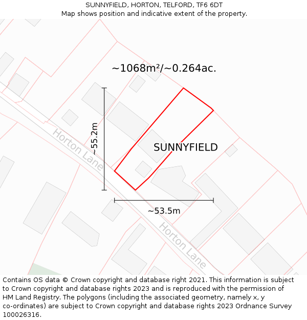 SUNNYFIELD, HORTON, TELFORD, TF6 6DT: Plot and title map