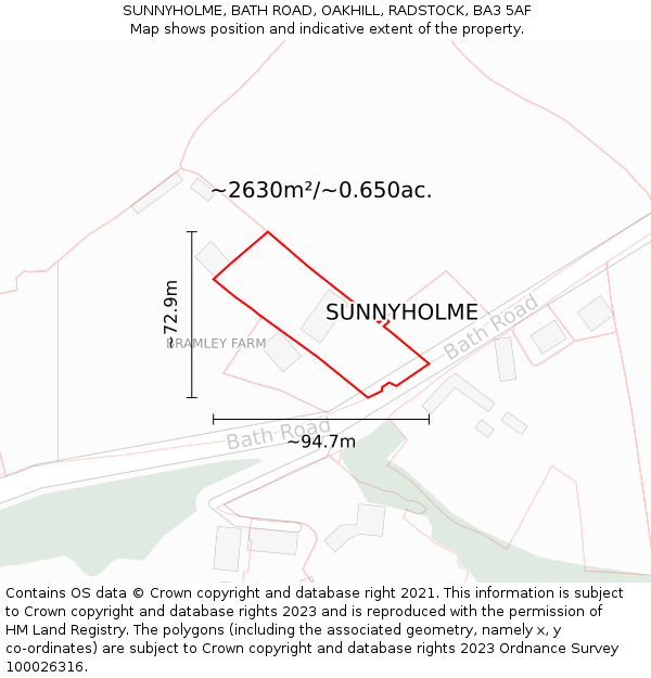 SUNNYHOLME, BATH ROAD, OAKHILL, RADSTOCK, BA3 5AF: Plot and title map