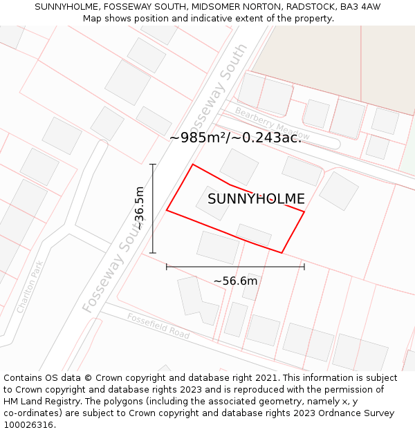 SUNNYHOLME, FOSSEWAY SOUTH, MIDSOMER NORTON, RADSTOCK, BA3 4AW: Plot and title map
