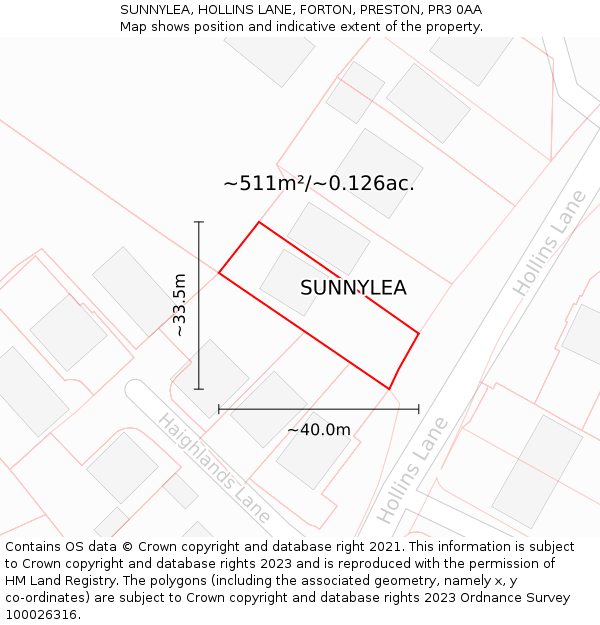 SUNNYLEA, HOLLINS LANE, FORTON, PRESTON, PR3 0AA: Plot and title map