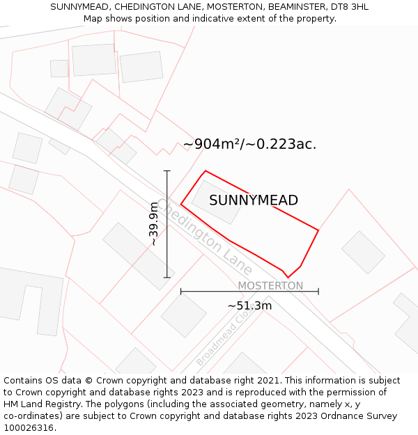 SUNNYMEAD, CHEDINGTON LANE, MOSTERTON, BEAMINSTER, DT8 3HL: Plot and title map