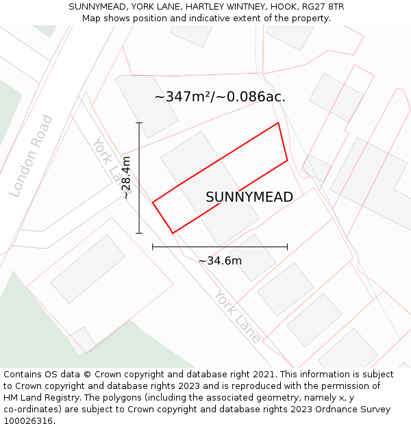 SUNNYMEAD, YORK LANE, HARTLEY WINTNEY, HOOK, RG27 8TR: Plot and title map