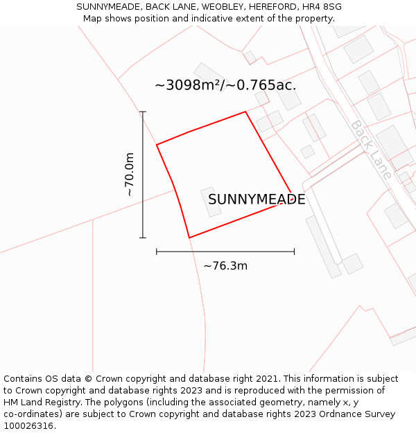 SUNNYMEADE, BACK LANE, WEOBLEY, HEREFORD, HR4 8SG: Plot and title map